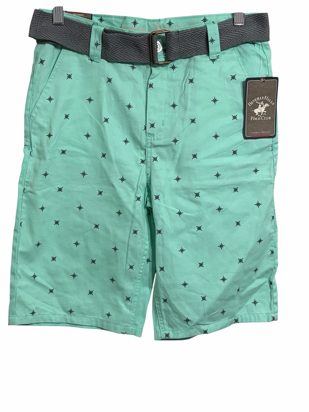 Beverly Hills Polo Club Mint Green Star-Print Shorts with Gray Belt